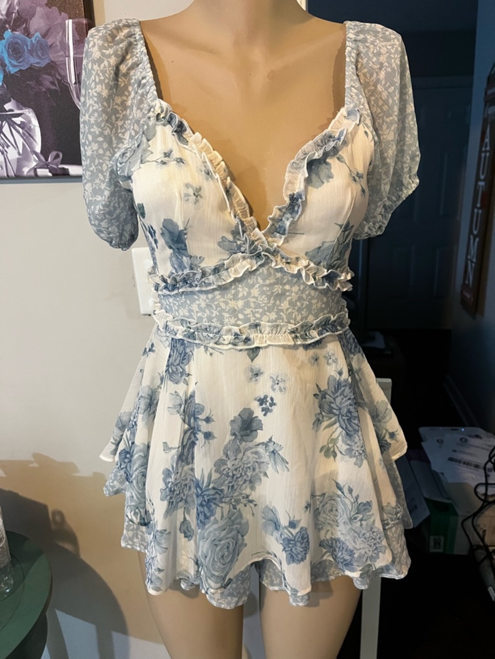 For Love and Lemons NEW Blue Floral Ruffle Mini Dress